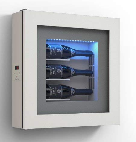 dafnedesign. com – Marco VINO – Expositor separados para tres botellas de horizontal. Estructura de metal. Estructura Puerta de aluminio. Marco de madera/HPL vetrocamera 20 mm. Junta magnético. Panel