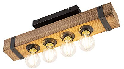 Qazqa Industrie Deckenleuchte, Deckenlampe - Reena - Braun, Holz, 4-flammig, 46.5cm, Ideal als Flur, Schlafzimmerlampe und Wohnzimmerlampe