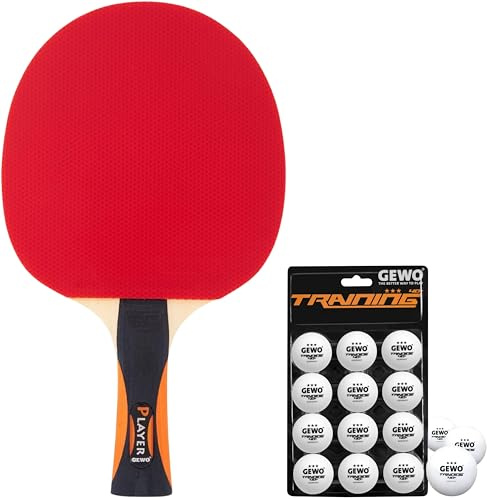 Bundle aus GEWO Tischtennisschläger Player - ITTF genehmigter Tischtennis Schläger - hohe Kontrolle, 2mm Belag + GEWO Training 40+ Tischtennisbälle - 3 Sterne Tischtennis-Ball 12 Stück, weiß