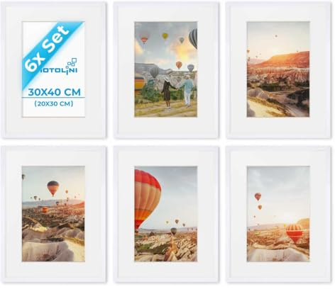 PHOTOLINI Bilderrahmen 30x40 Weiss Holz MDF, 6er Set Bilderrahmen 40x30 cm mit Passepartout, bruchsicheres Acrylglas, Rahmen 30 x 40 zum Aufhängen, extra Zubehör - Rahmen 30x40 für Fotos & Poster