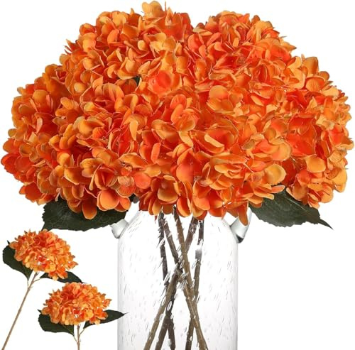 Kisflower 6Pcs Seiden Hortensie Künstliche Blumen Realistische Hortensie Blumen Bouquet für Hochzeiten Party Büro Home Decor (Orange)