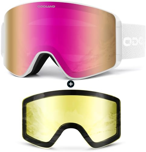 Odoland Ski Goggles Set with Detachable Lens, Frameless Interchangeable Lens, Anti-Fog UV Protection Snow Goggles for Men and Women, Helmet Compatible - White Frame Pink Lens vlt 15%