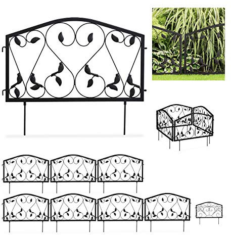 Relaxdays 8 TLG. Beetzaun, Beetumrandung für Garten, Steckzaun Eisen, antik, Blätter Design, Zierzaun, HxB 33 x 450 cm, schwarz