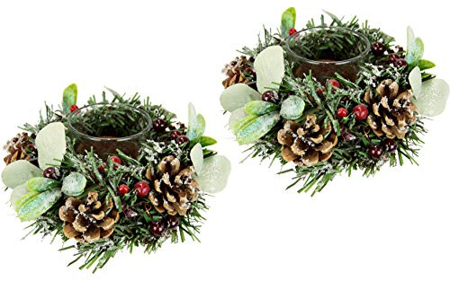 Teelichthalter dekoriert mit künstlichen Beeren Zapfen geeist mit Kunstschnee und Glas 2erSet Windlicht Kerzenhalter Kerzenhalter Kranz Teelicht Weihnachtsdeko Weihnachtskranz Adventskranz