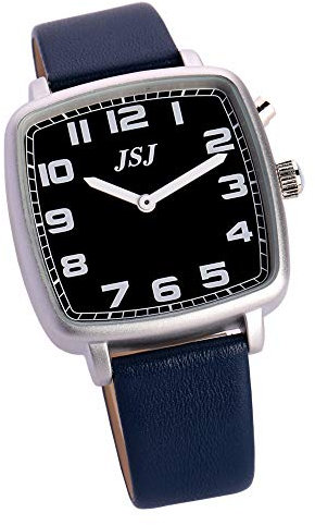 VISIONU Quadratische Deutsch Sprechende Armbanduhr mit Weckerunktion, Sprachfunktion Uhrzeit und Datum, Schwarz - Ziffernblatt, Blau Lederarmband TGSW-1712G