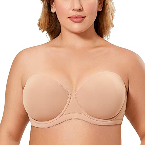 Delimira Women's Strapless Bra Push Up for Bigger Bust Multiway Underwire Smooth Bandeau Bra Natural 38G