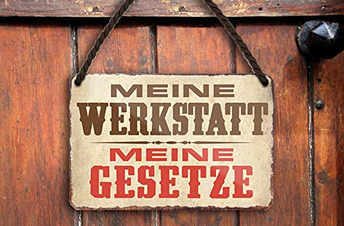 schilderkreis24 – Blechschild Lustiger Spruch “Meine Werkstatt Meine Gesetze“ Deko Garage Metallschild Werkstatt Vintage Retro Geschenkidee Geburtstag Weihnachten Mechaniker Schrauber 18x12 cm