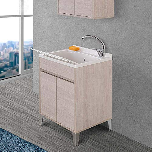Inbagno Mobile Lavanderia con lavatoio in Resina Linea Way, L.59,3xP.49,8xH.85,5 cm, 3 colorazioni Disponibili, Include ASSE lavapanni e Kit sifone+piletta (Rovere Chiaro)