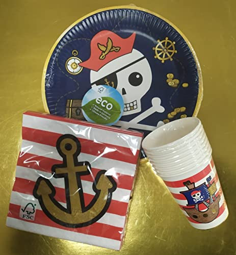 Lote de Vajillas Infantiles Mapa Piratas (40 Vasos, 40 Platos (23 cm) y 48 Servilletas) .Detalles y Decoración para Fiestas de Cumpleaños, Bodas, Bautizos, Comuniones. AB