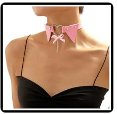 Leder Herz Halsband Gotisch Schleife Jingle Bells Halskette Kette Punk Schleife Knoten Band Kragen Schmuck für Frauen Mädchen (Rosa)