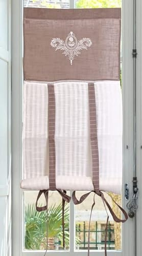 Autrefois Rideau Brise bise et Enrouleur, Lin brodé, Voilage Broderie, Style Charme, Petit Rideau, Decoration pour fenetre de Cuisine, Salle de Bain, Salon, French Style, Elegance (Lin, 45x160cm)