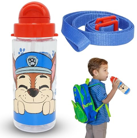 Paw Patrol Trinkflasche für Kinder, 500 ml Tritan-Flasche mit Gurt, Sommer-Trinkflasche mit Strohhalm und langlebig, auslaufsicher, BPA-frei, perfekt für Schulreisen ab 3 Jahren