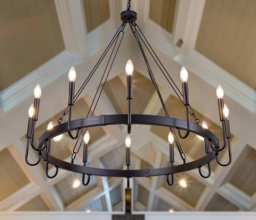 Wellmet Matte Black Wagon Wheel Chandelier, 12-Light Large Black Chandelier for High Ceiling, Industrial Wagon Wheel Pendant Light for Dining Room, Entryway, Hallway, Living Room, 39.37Inch Dia