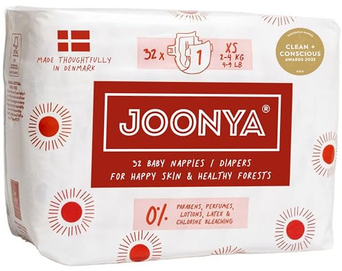 Joonya Baby Windeln, Größe 1 XS (2-4 kg) - 1 Beutel mit 32 Stück - Schadstofffrei, Umweltfreundlich, Hohe Saugkraft, Nachtnutzung, Ultraflach & Weich - Hergestellt in Dänemark