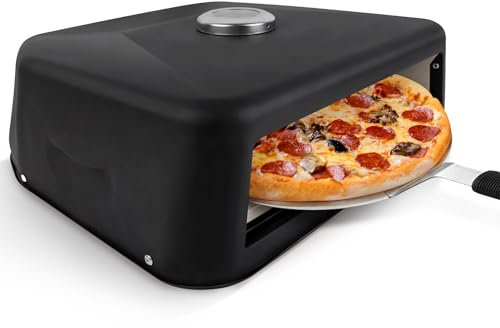 Horno de Pizza Portátil, Parrilla Superior para Pizza, Resistente Al Agua, Multifuncional con Termómetro para Parrilla Al Aire Libre, Piedra para Pizza, Negro
