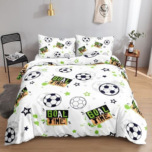 HOSIMA Juego de ropa de cama de fútbol para niños y niñas, diseño de grafiti con dibujos animados de fútbol, funda de edredón con 2 fundas de almohada (graffiti Football5 S)