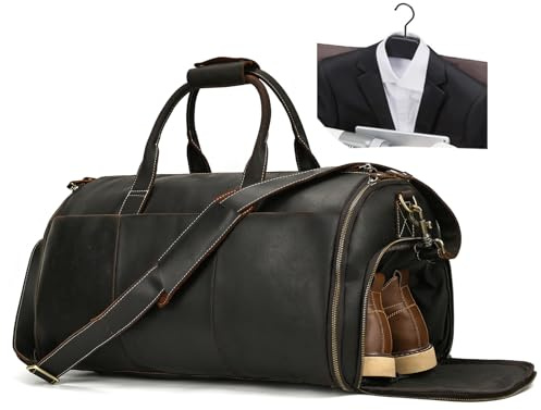 LUUFAN Borsa da viaggio in pelle pieno fiore Borsa porta abiti di grande capacità con scomparto per le scarpe, borse da viaggio Overnight Gym Sports Duffel Bags per gli uomini, marrone scuro