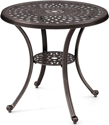 GIANTEX Mesa de Jardín Redonda de Diámetro de 79 cm, Mesa de Comedor con Orificio para Sombrilla de 5 cm, Estante Inferior, Mesa de Balcón de Aluminio Fundido, para Patio, Terraza