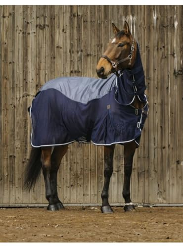 EQUITHÈME - Regen- & Fliegendecke mit Halsteil 420D | Pferdedecke mit Mesh, Kreuzgurten, Beinschnüren & Schweiflatz | wasserdichte Regendecke in Marineblau | Outdoordecke für Pferde | 135cm