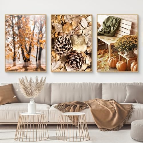 Uixxducc 3er Herbst Poster Set, Aesthetic Tannenzapfen Kürbis Blätter Bilder Set, Natur Herbst Wandbilder Wohnzimmer Wanddeko für Schlafzimmer, Ohne Rahmen (21x30cm)