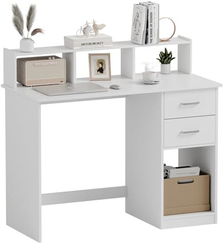 Mondeer Schreibtisch mit Schubladen, Computertisch Klein mit Regal, 105 x 48 x 94cm, Ideal für Büro Heimbüro Arbeitszimmer Wohnzimmer, Weiß