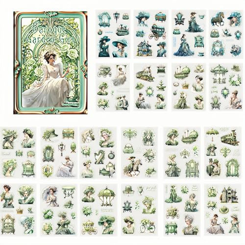TenaLucy 20 Stücke Scrapbook Stickers,Mädchen Scrapbook Stickers Scrapbook Zubehör Journaling Zubehör Scrapbooking Sticker Self-Adhesive,für Bullet Journal Zubehör(Baroque Garden Girl) (Grün)