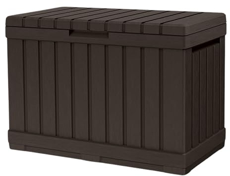 Keter KENTWOOD - Cassapanca da giardino, 190 l, resistente alle intemperie, effetto legno, con funzione di seduta, resistente ai raggi UV, richiudibile, per interni ed esterni