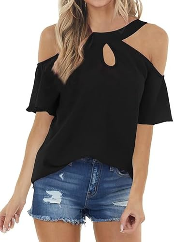 Noir Top Femme Haut Chic et Élégant Coton 2026 Vêtements Décontractés à Épaules Dénudées D'été Tee Shirt Cou Trou de Serrure