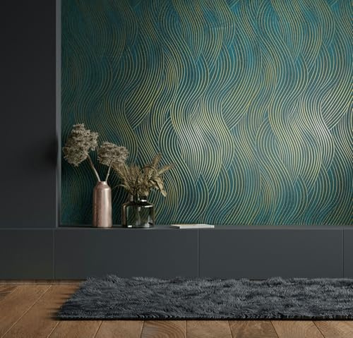 marburg Tapete Grün Gold Wellenoptik Struktur Grafisch Modern für Wohnzimmer Schlafzimmer Küche 10,05 x 0,53