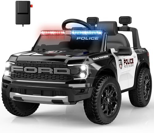 ANPABO Licensed Ford Police Car Ride On,12V Kids Cars to Drive w/Realistic LED Siren Flashing Light, Megaphone, Remote Control, Music, Storage Trunk, Electric Cars for Kids Ages 2+, Black