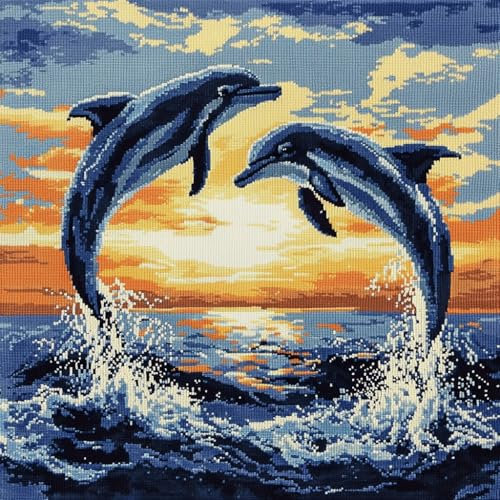 ASONGLINGO Knüpfpackungen für Anfänger Cartoon-Delfin Knüpfen Kissen Set,DIY Knüpfhaken-Set Knüpfkissen Zum Selber Knüpfen,Stickerei Knüpf-Sets 43x43cm
