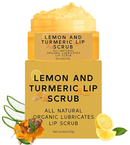 Natural Lip Scrub, Turmeric Lemon Lip Exfoliator Nourishing Sugar Lip Scrub with Aloe Vera Gentle Exfoliant for Dry and Chapped Lips Hydrates & Fade Lip Lines 50g