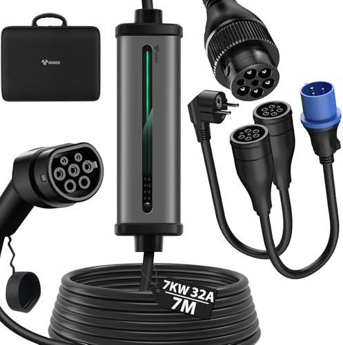 7,4kW Cargador EV Tipo 2, Portátil Wallbox con Enchufe Schuko y Enchufe CEE,para Tomas estándar de la UE IEC 62196-2,8-32A 7M Cargador Coche Electrico Con Potencia de Carga Ajustable,IP66 para EV PHEV