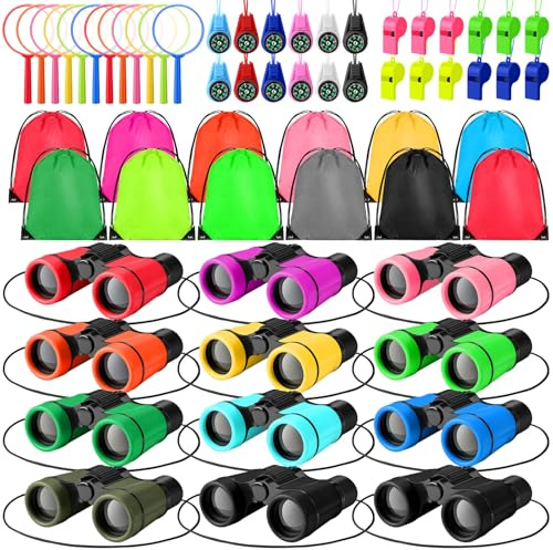 Foilswirl 12 Set Binocular Compass Magnifying Glass Set Christmas Birthday Gift Small Telescope Binocular with Whistle Bag for Outdoor Exploring Stocking Stuffer(Multiple Color,Classic)