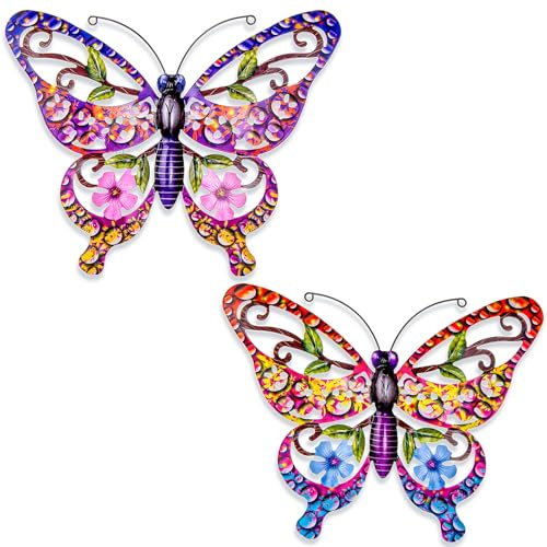 2 Stück große Metall Schmetterling Wand Kunst Dekor, Outdoor Indoor Zaun Metall Wandskulpturen, hängende Dekoration für Garten Hof Wohnzimmer Schlafzimmer (Big LOUKONG A)
