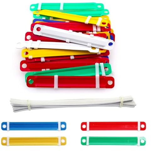 50 sujetadores de papel, clip de carpeta de 2 agujeros, 8 cm de distancia entre agujeros, tiras de encuadernación de plástico de colores para oficina, escuela, archivadores, archivadores, clips de