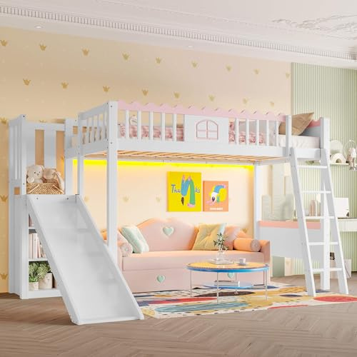 HYUB Hochbett Kinderbett 90x200 cm mit Rutsche und Leiter, Etagenbett mit Stauraum und Lattenrost, Bettgestell mit Rausfallschutz, Weiß
