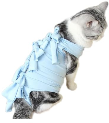 Katzen-OP-Body nach Kastration - Atmungsaktiver Anti-Leck-Schutz für Wundheilung (Alternative zu Halskragen, Tierklinik-geeignet, waschbar) (L, blau)