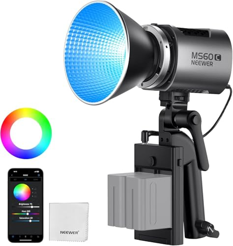 NEEWER MS60C Luz LED Vídeo RGBWW Control 2,4G/App, 65W Mini RGB COB Luz Continua, 2700K-6500K, 8300lux/1m, CRI97+, 17 Efectos, Foco Bowens Manual para Grabación de Fotografía en Estudio