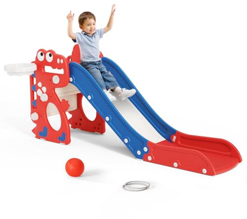 Scivolo per bambini, piccolo dinosauro singolo con telaio a sfera, anello, scivolo per bambini da 1 a 3 anni (dinosauro, rosso e blu)