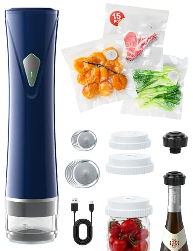 GPUTEK 3-in-1 Compact Vacuum Sealer for Food with Bags & Mason Jar Kit | Saver 5X Fresh Longer, 15PCS Reusable Bags, Wide and Regular Mouth Kits, Wine Stopper for Kitchen Fridge Travel Seal Meal