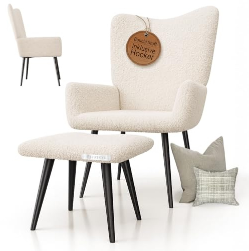 Juskys Ohrensessel Odense mit Hocker, Relaxsessel mit Bouclé-Stoff, skandinavischer Stil, hoher Rücken & gepolstert, Stahlgestell – Beige