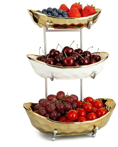 YYW Fruit Bowl 3 Tier Ceramic Fruit Bowls with Metal Stand, Gold | 3 Tier Large Capacity Ceramic Bowls, Metal Stand, Kitchen Counter Storage Holder for Fruits, Vegetables, Snacks, Bread, Nuts