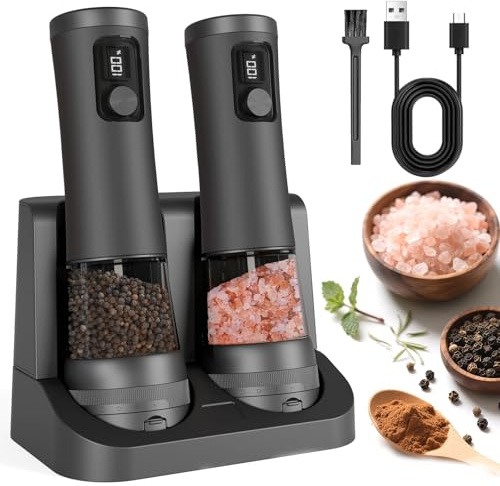 Set macina sale e pepe elettrico, ricaricabile, con base a batteria, regolabile a 5 livelli, macinapepe automatico, ideale per cucina, barbecue, regalo
