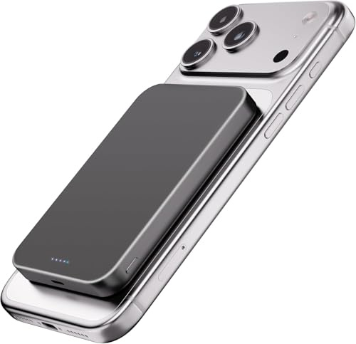 Kstime Magnetische Powerbank, 10000 mAh, 14 mm, ultradünnes Titan-Design, PD20W, kabelloses tragbares Ladegerät mit USB-C-Eingang und Ausgang, kompatibel mit iPhone 17/16/15/14/13/12 Serie(Grau)