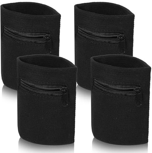 LIQWEI 4 Stück Reißverschluss Handgelenk Beutel, Schweißband Sport Wristband, Handgelenktasche mit Praktischer Reißverschlusstasche Baumwoll Schweißband Arm für Schlüssel für Jogging Basketball Tennis