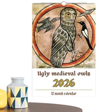 Kalender für 2026 und 2027, Stundenplaner mit mittelalterlichem Eulen-Design, Wandkalender für den monatlichen Gebrauch, für Familie, Freunde, Wohnung, Zuhause