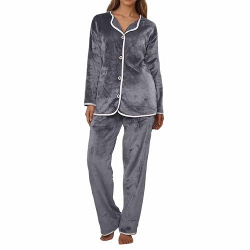 Generisch Pijama para mujer de invierno, térmico, largo, cálido, de terciopelo, pijama, juego de pijamas transpirable, con tira de botones, traje de casa de dos piezas, parte superior y pantalones de