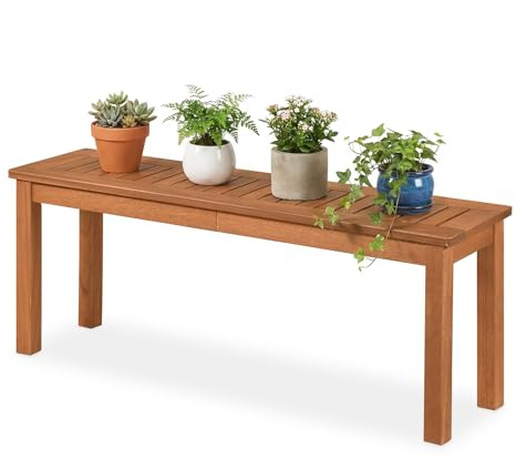 FANTASK Gartenbank Holz, 120 x 30,5 x 47 cm, Sitzbank Wetterfest ohne Rückenlehne, Blumenbank Hartholz für 2 Person, Balkonbank für Garten, Balkon, Terrasse