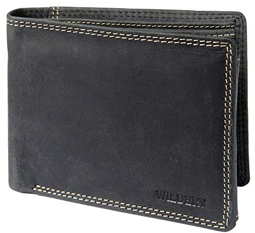 Wildery® Geldbörse Herren Leder I Portmonee Schwarz I RFID Geldbeutel Herren aus Vintage Leder I Echtleder Portemonnaie #Vintage WI107 (Schwarz)